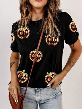 Paillettenbesetztes Halloween Kürbis Grafik Rundhals Kurzarm T-Shirt