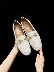 Women Flat Oxfords Loafers Slip-On Casual Shoes, English Style Flat Shoes For Spring - Beige - View 3
