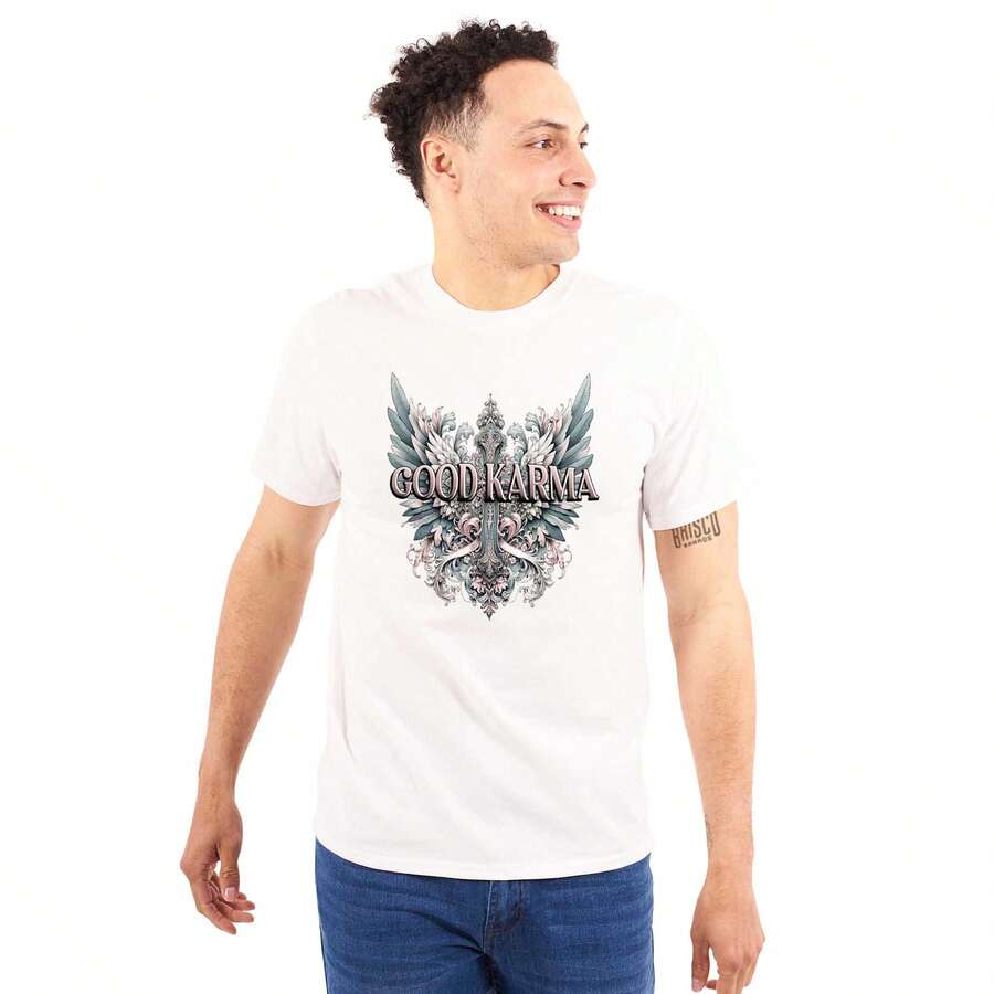 Graphic Tee Shirt Grunge Gothic Spiritual Faith Filagree Cross Angel Wings Good Karma Emo Punk Alt Casual Everyday Cotton Printed Short Sleeve Crewneck Tshirt - White - View 1
