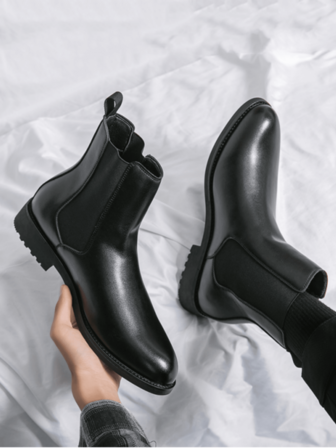 Nya högkängor för män, brittisk stil Enfärgade stövlar med runda tå, tjock sula Anti-halks cowboystövlar för utomhusvandring Pendlaråkning Motorcykelmode snökängor