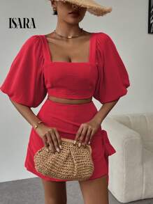 ISARA Women's Casual Set Of Blouse + Short Skirt, With Tie On The Short Skirt - 紅色 - 查看 4