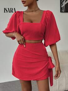ISARA Women's Casual Set Of Blouse + Short Skirt, With Tie On The Short Skirt - 紅色 - 查看 5
