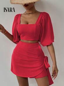 ISARA Women's Casual Set Of Blouse + Short Skirt, With Tie On The Short Skirt - 紅色 - 查看 6