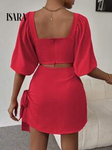 ISARA Women's Casual Set Of Blouse + Short Skirt, With Tie On The Short Skirt - 紅色 - 查看 7