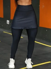 High Waist Gym Leggings With Skirt - 藏蓝色 - 查看 2