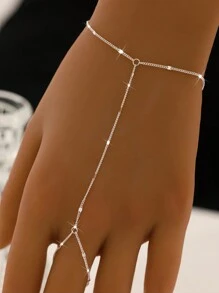 1pc 925 Sterling Silver Lip Chain, Beaded Slice Chain Bracelet And Finger Ring Set, Suitable For Women's Daily Wear