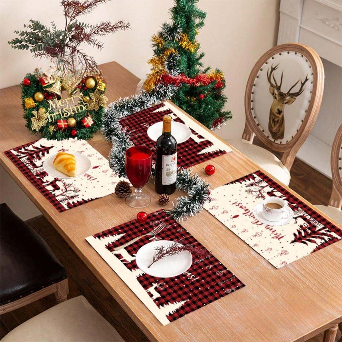 1pc New Christmas Placemat Decor Set, Santa Claus Linen Stain Resistant