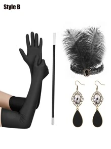 D EXCEED 4/5/6PCS Women's 1920s Flapper Accessories Retro Party Props Gatsby Charleston Feather Headwear Faux Pearl Necklace Earrings With Long Gloves, Suitable For Women's Halloween Party Dress Accessories - Multicolor - View 10