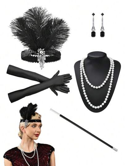 D EXCEED 4/5/6PCS Women's 1920s Flapper Accessories Retro Party Props Gatsby Charleston Feather Headwear Faux Pearl Necklace Earrings With Long Gloves, Suitable For Women's Halloween Party Dress Accessories