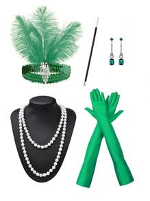 D EXCEED 4/5/6PCS Women's 1920s Flapper Accessories Retro Party Props Gatsby Charleston Feather Headwear Faux Pearl Necklace Earrings With Long Gloves, Suitable For Women's Halloween Party Dress Accessories - Multicolor - View 3