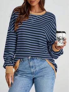 Women Casual Oversized Striped Sweatshirt Crewneck Long Sleeve Y2K Loose Pullover Shirt  Spring Fall Autumn Tops Clothes - Xanh lam + xanh navy - Xem 4