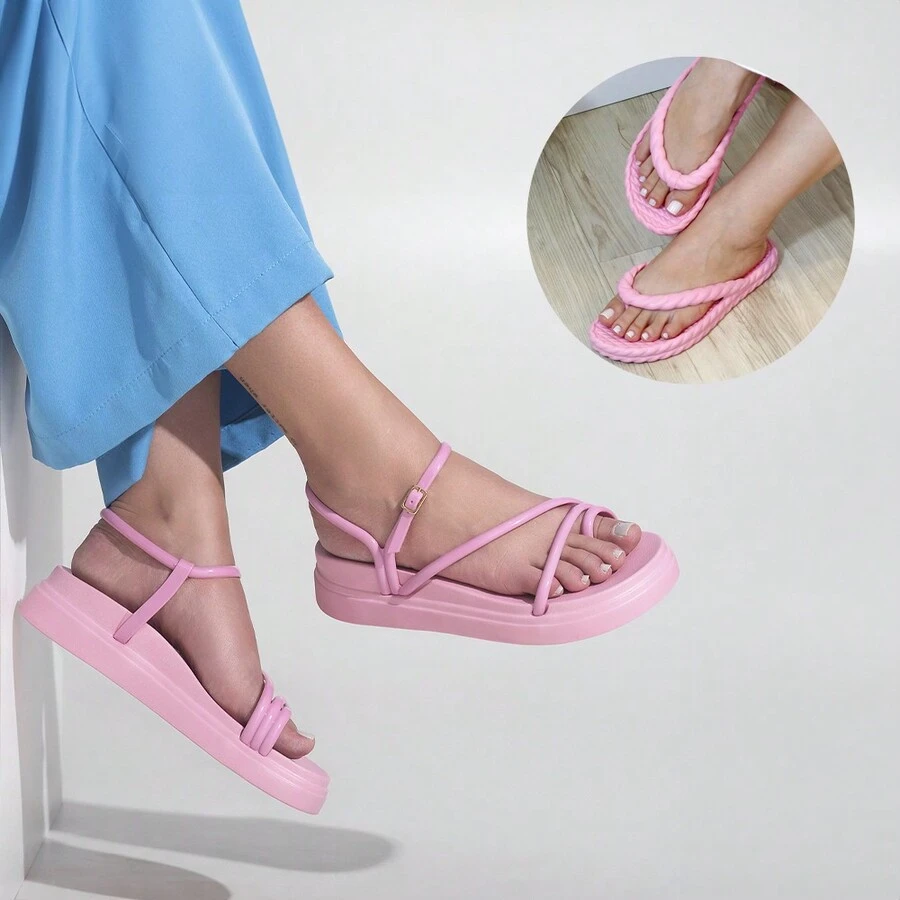 Kit Of Two Pairs Of Women's Sandals  Comfort And Braided Brezz Flip Flops - 淺粉紅色和淺粉紅色 - 查看 1