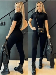 Women's Long Jumpsuit With Short Sleeves, Front Zipper, Virginia, Ribbed Anarruga - màu đen - Xem 2