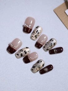 秋冬豹纹手绘酒红色法式线条手工指甲带闪粉金色魔法指甲装饰100%手工制作按压指甲10片短棺材芭蕾假指甲可重复使用适用于女士和女孩美甲用品指甲 - 酒紅色 - 查看 3