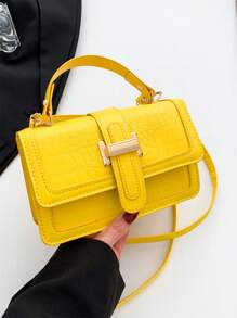 2024 秋季鳄鱼纹潮流时尚女士手提包单肩包纯色斜挎小方包 - 黃色 - 查看 11