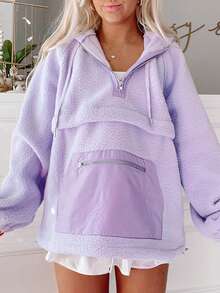 Acelitt Lavender Zipper Pocket Fleece Drawstring Hoodie - Purple - View 1
