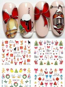 12片可爱圣诞美甲贴纸，圣诞老人、麋鹿、企鹅、熊、姜饼人、猫咪卡通动物设计雪花图案，水贴纸装饰贴片 - 彩色 - 查看 3