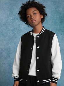 1 件男童和青少年休闲纯色套头连帽夹克，羊毛校队风格，适合春秋季节