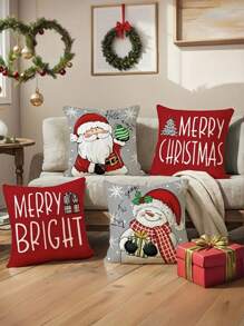 4 件套圣诞枕头套装 - 圣诞老人和雪人 Hello Winter 设计，可机洗，18x18 英寸拉链开合 - 防污亚麻材料，适用于家庭、汽车、卧室、沙发、办公室和各种房间 - 不包括填充物 - 彩色 - 查看 1