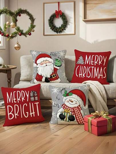 Juego de 4 almohadas navideñas - Diseño de Papá Noel y muñeco de nieve "Hola invierno", lavables a máquina, de 18x18 pulgadas con cierre de cremallera - Material de lino antirrepelente, adecuado para el hogar, el coche, el dormitorio, el sofá, la oficina y diversas habitaciones - No incluye relleno