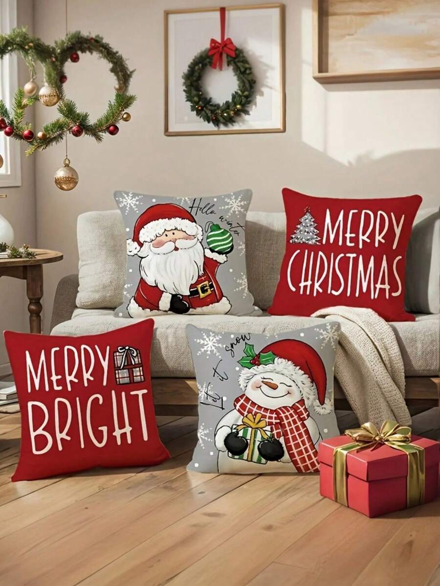 4 件套圣诞枕头套装 - 圣诞老人和雪人 Hello Winter 设计，可机洗，18x18 英寸拉链开合 - 防污亚麻材料，适用于家庭、汽车、卧室、沙发、办公室和各种房间 - 不包括填充物 - 彩色 - 查看 1