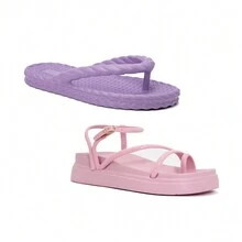 Kit Of Two Pairs Of Women's Sandals  Comfort And Braided Brezz Flip Flops - 淡粉色和紫色 - 查看 2
