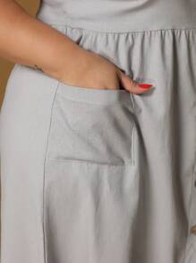 Short Plus Size Linen Dress With Button And Pocket New Model - Light Grey - View 5