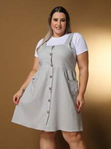 Short Plus Size Linen Dress With Button And Pocket New Model - Light Grey - View 2