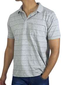 Men's Striped Polo Shirt With Pocket - 灰色 - 查看 1