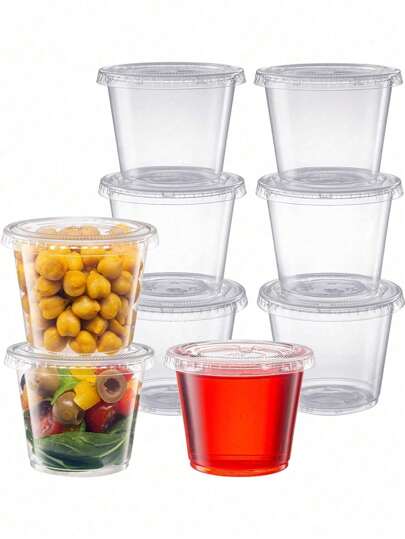 25 piezas Vasos de plástico desechables mini con tapas - Vasos de gelatina, vasos para salsas 2 oz/60ml 4 oz/120ml, recipientes para ensalada y salsas, pequeños vasos de plástico para condimentos