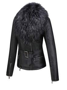 Borg Collar Belted PU Leather Biker Jacket - Black - View 4