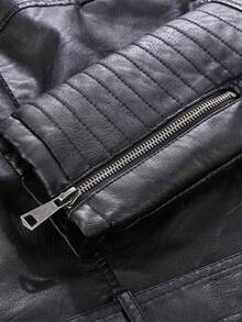 Borg Collar Belted PU Leather Biker Jacket - Black - View 9