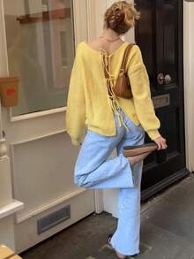 Áo len dệt kim dài tay cổ thuyền màu trơn mùa thu đông mới cho nữ Áo len cardigan dáng rộng đa năng - Màu vàng - Xem 5