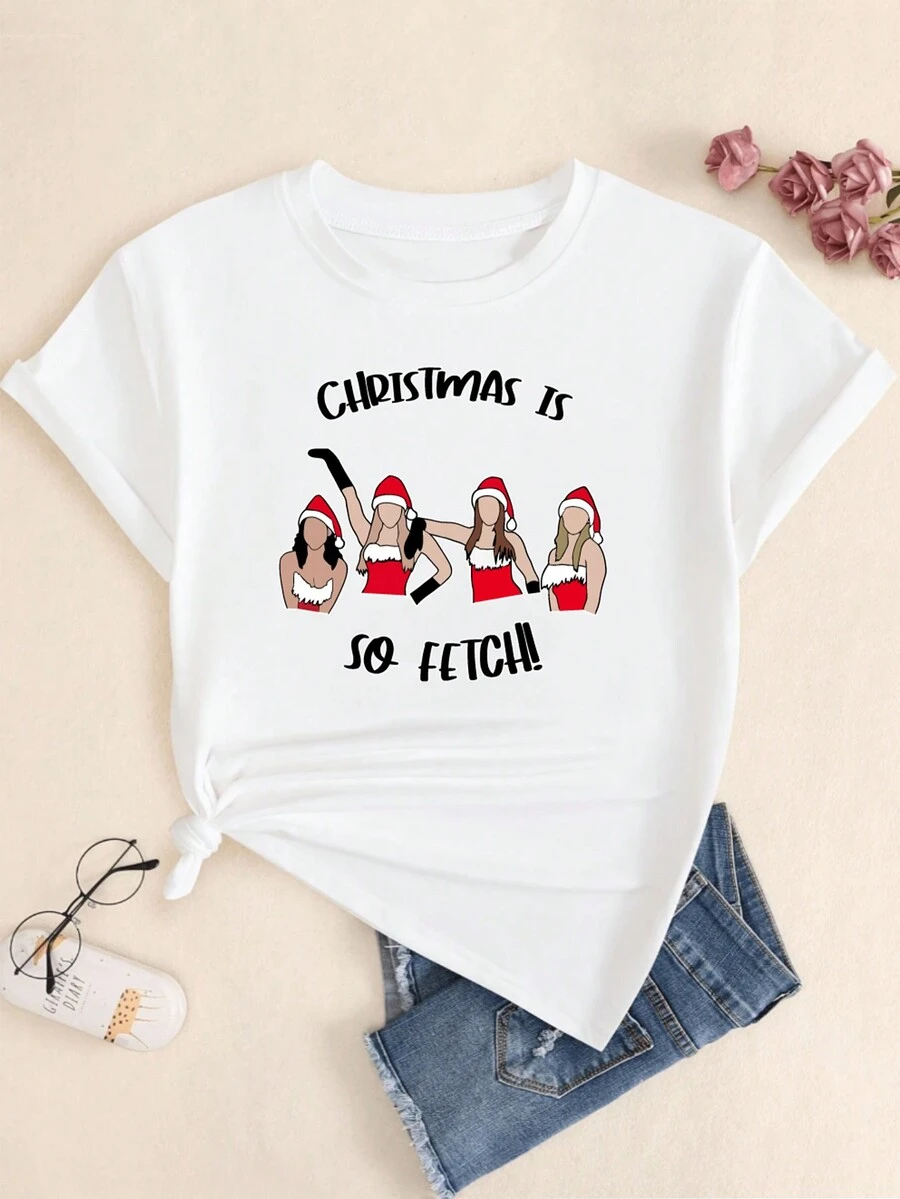 Christmas Is So Fetchi Printed T-Shirt Casual Comfortable Women's Blouse - White - View 1