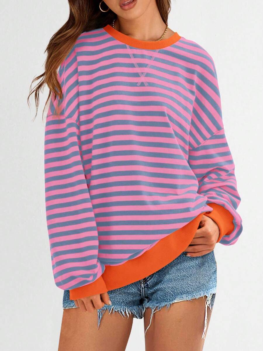 Women Casual Oversized Striped Sweatshirt Crewneck Long Sleeve Y2K Loose Pullover Shirt  Spring Fall Autumn Tops Clothes - 玫紅+灰藍 - 查看 1