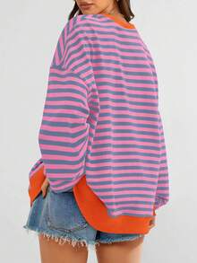 Women Casual Oversized Striped Sweatshirt Crewneck Long Sleeve Y2K Loose Pullover Shirt  Spring Fall Autumn Tops Clothes - 玫紅+灰藍 - 查看 2