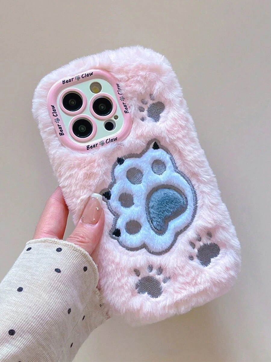 秋冬刺绣毛绒熊掌握持支架手机壳适用于 15/16 Pro Max新款15Pro防震软壳13个性12硅胶14Pro创意保护套全身16女款 - 粉色 - 查看 1