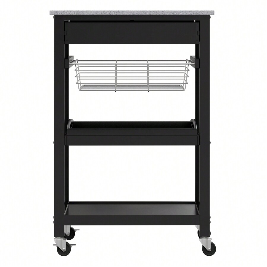 Modern Kitchen Cart With Charcoal Faux Granite Top, Cutlery Drawer, And