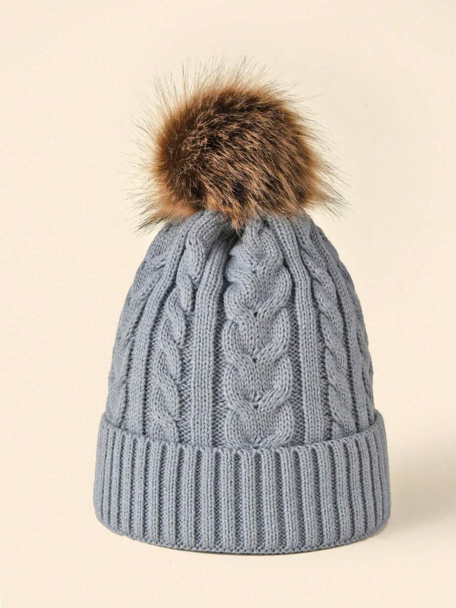 1 件女式双层针织单层绒球无檐小便帽，秋冬季保暖 - 淺灰色 - 查看 1