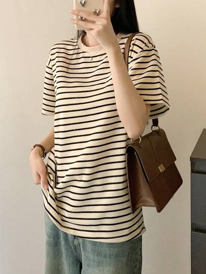 韩版条纹短袖T恤，百搭宽松休闲夏季上衣