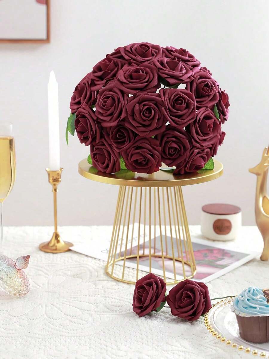 25支红色仿真玫瑰花，带茎，逼真泡沫玫瑰花束，适用于婚礼、家居装饰、母亲节、情人节、万圣节、毕业典礼及其他场合。 - 酒紅色 - 查看 1