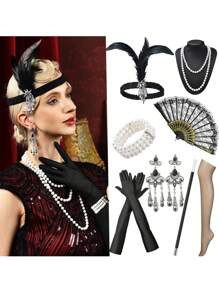 8 件 1920 年代 Flyby Gatsby 配饰套装，时尚咆哮的 1920 年代头饰，珍珠项链，手镯，耳环，手套，女士配饰万圣节装饰舞会
