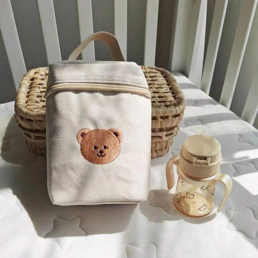 Insulated & Waterproof Diaper Bag With Embroidered Bear Pattern, Wet