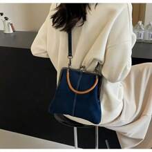 1 geantă de umăr oblică din denim la modă, cu închidere cu cataramă și mâner din lemn, culoare albastră solidă, curea multifuncțională, căptușeală din poliester, margini pictate - Geantă Messenger realizată manual pentru femei, birou/navetă