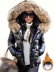 Fashionable Glossy Fluffy Collar Hooded Padded Coat, Zipper Closure Padded Coat