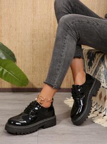 Zapatos de tipo Mary Jane para mujer con suela gruesa, correas de unicolor con plataforma gruesa, estilo escolar clásico - Negro - Ver 4
