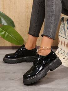 Zapatos de tipo Mary Jane para mujer con suela gruesa, correas de unicolor con plataforma gruesa, estilo escolar clásico - Negro - Ver 5