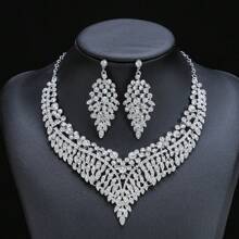 3pcs Bridal Jewelry Set, Necklace & Bracelet, With Rhinestones & Zirconia, For Wedding Dress, High-End Accessory