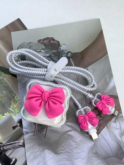 Cute Hot Pink Bow Decoration Data Cable Protection Set Compatible With IPhone 18/20W Charger Protection Case Data Cable Protection Rope Bite Device,Y2K Hot Girl Style Cable Protector, Charger Protector