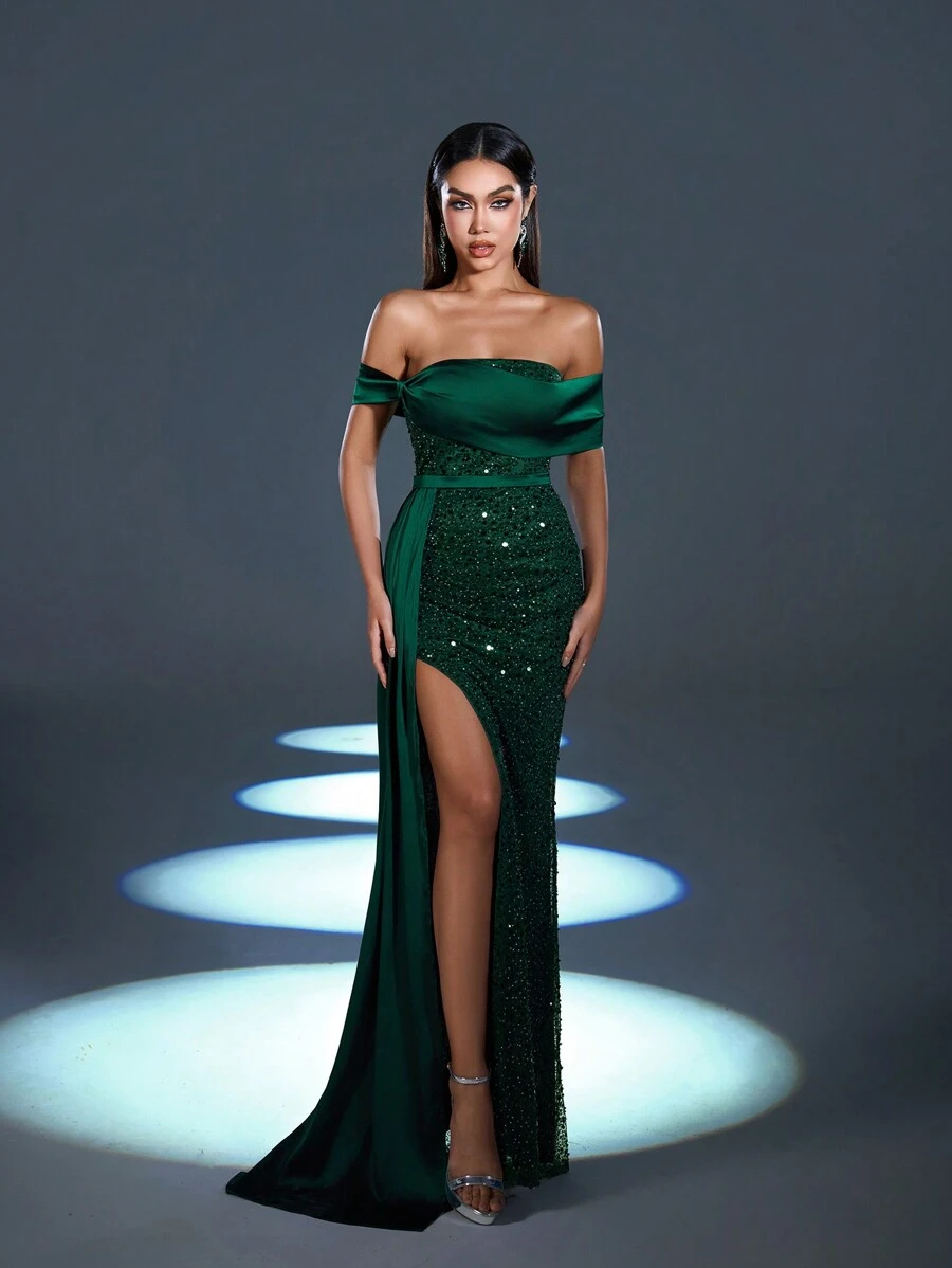 Faeriesty Sukienka formalna z odkrytymi ramionami i rozcięciem z boku, elegancka wieczorowa suknia dla gościa weselnego, na ukończenie szkoły, kolację
